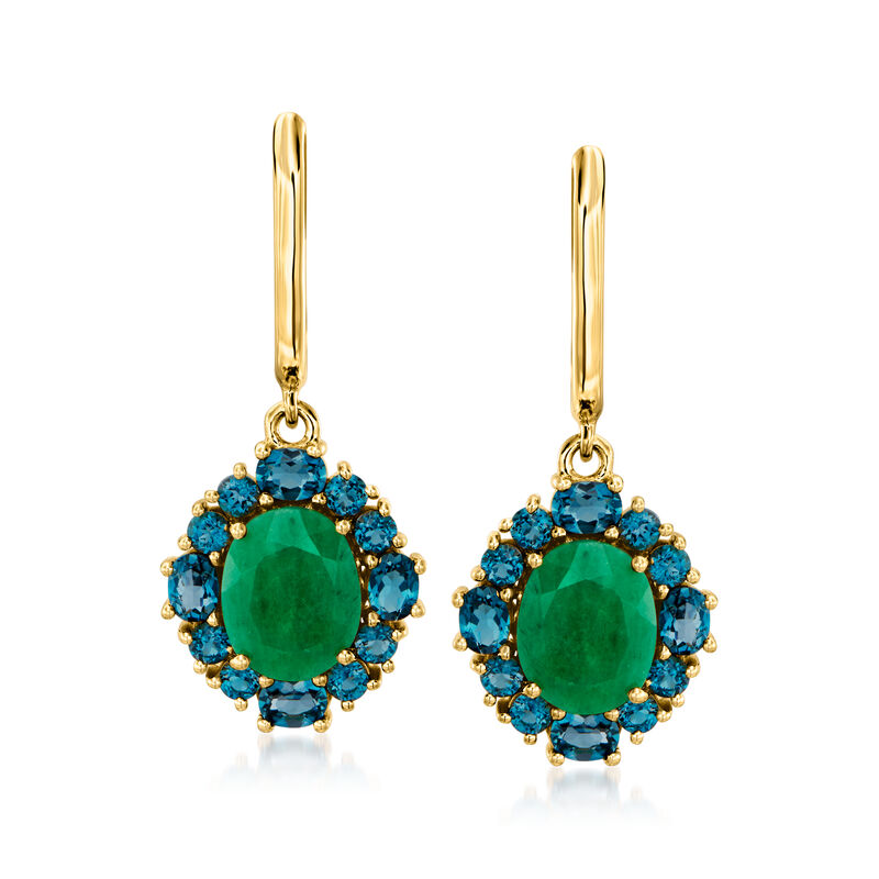 5.50 ct. t.w. Emerald and 2.80 ct. t.w. London Blue Topaz Drop Earrings in 18kt Gold Over Sterling  image number 0