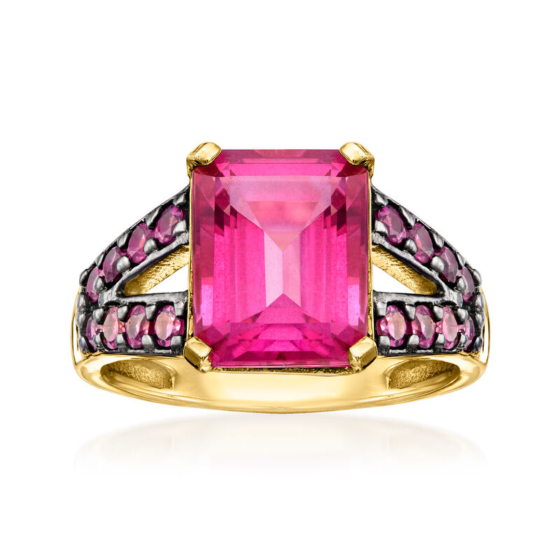 5.00 Carat Pink Topaz Ring with .80 ct. t.w. Rhodolite Garnets in 18kt Gold Over Sterling image number 0