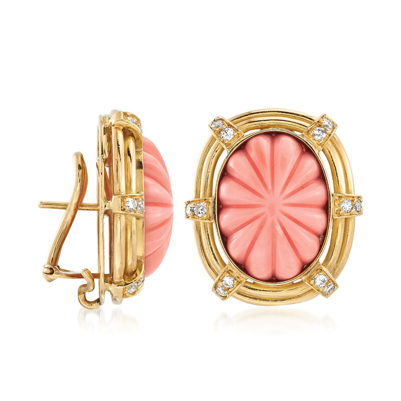 C. 1960 Vintage Pink Carved Coral and .65 ct. t.w. Diamond Earrings in 18kt Yellow Gold  image number 2