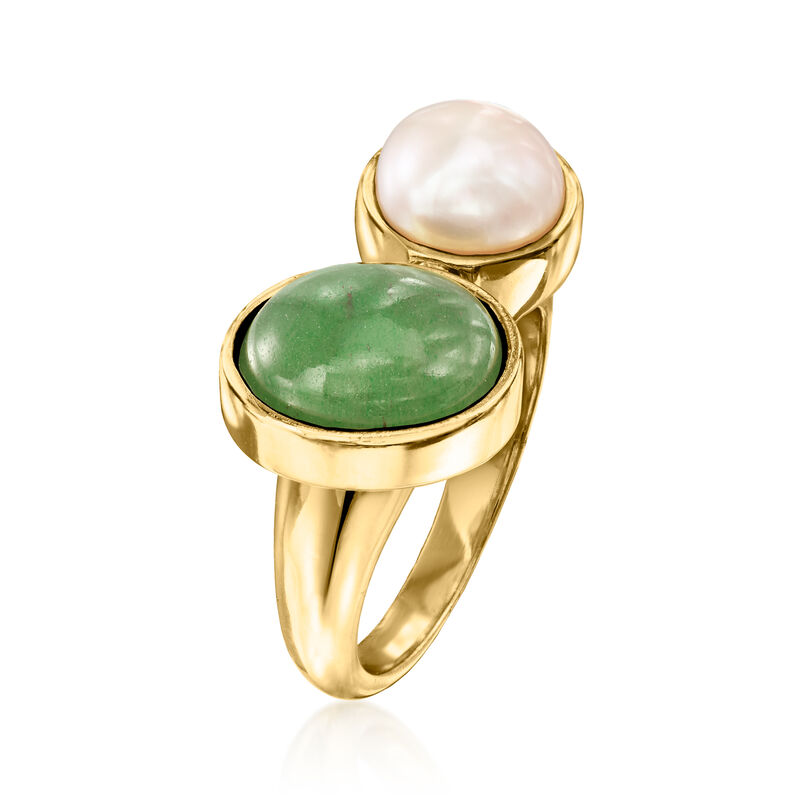 Aventurine and 8mm Cultured Pearl Toi et Moi Ring in 18kt Gold Over Sterling image number 2