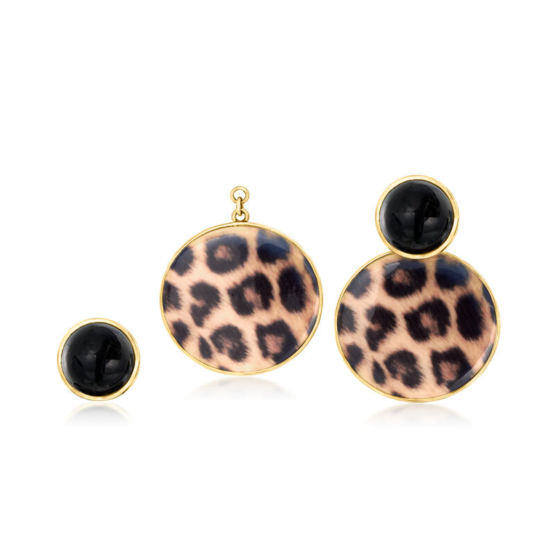 Onyx and Removable Leopard-Print Enamel Drop Earrings in 18kt Gold Over Sterling  image number 0