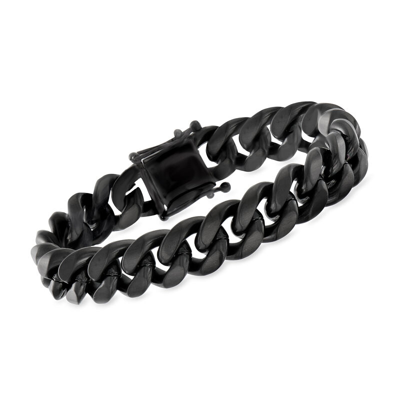 Men's 14mm Matte Black Stainless Steel Cuban-Link Bracelet. 8.5&quot; image number 0