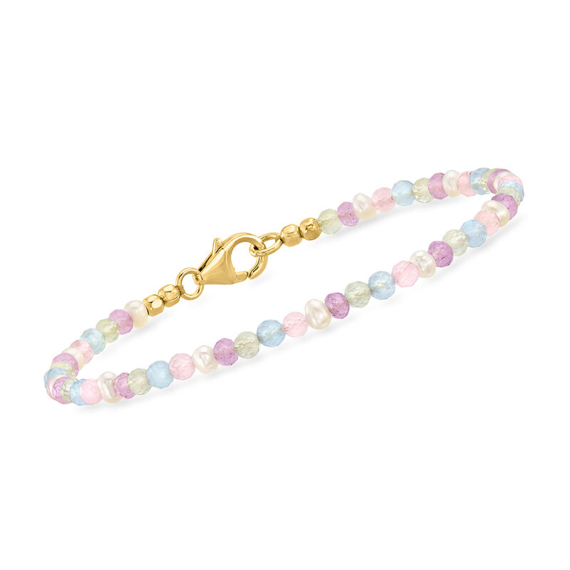 Pastel Multi-Gemstone Bead and 3-3.5mm Cultured Pearl Bracelet in 18kt Gold Over Sterling image number 0