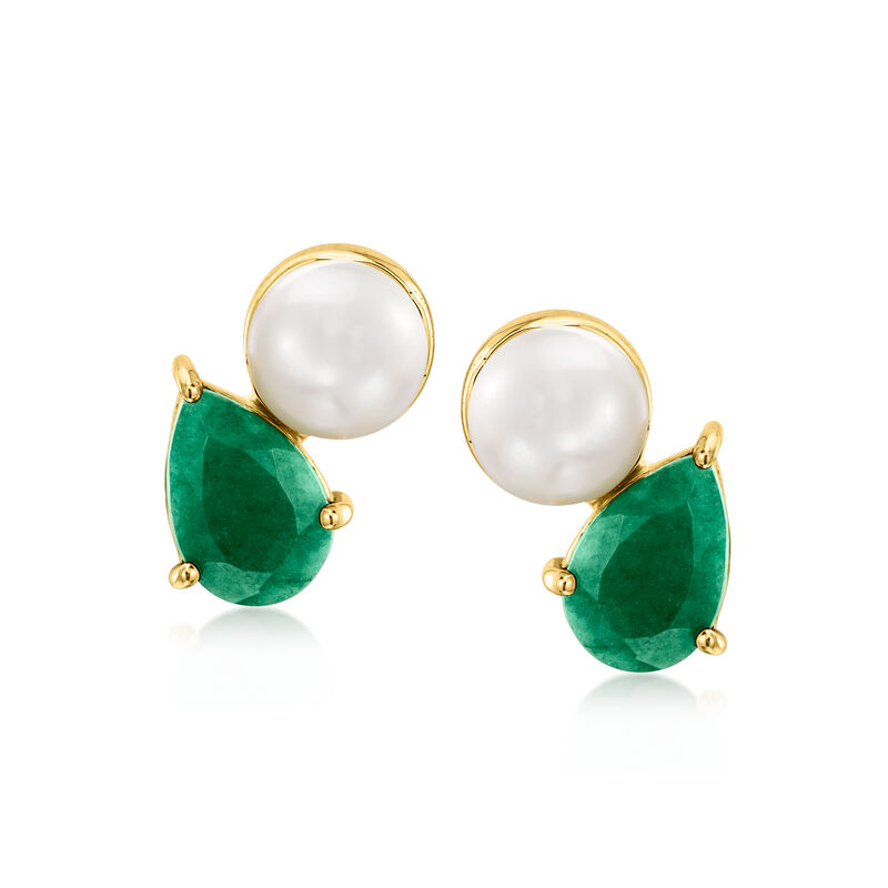6.5-7mm Cultured Pearl and 2.70 ct. t.w. Emerald Toi et Moi Earrings in 18kt Gold Over Sterling  image number 0