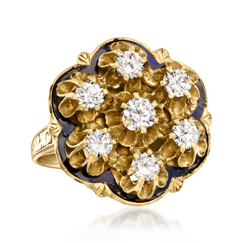 C. 1960 Vintage 1.05 ct. t.w. Diamond Cluster Ring with Navy Blue Enamel in 14kt Yellow Gold. Size 6 image number 3