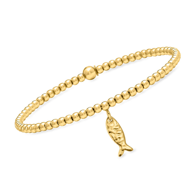 Italian 3mm 18kt Gold Over Sterling Bead Stretch Bracelet with Fish Charm image number 0