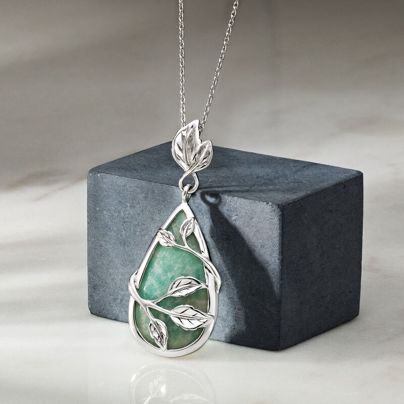 Amazonite Leaf Pendant Necklace in Sterling Silver. 18" image number 2