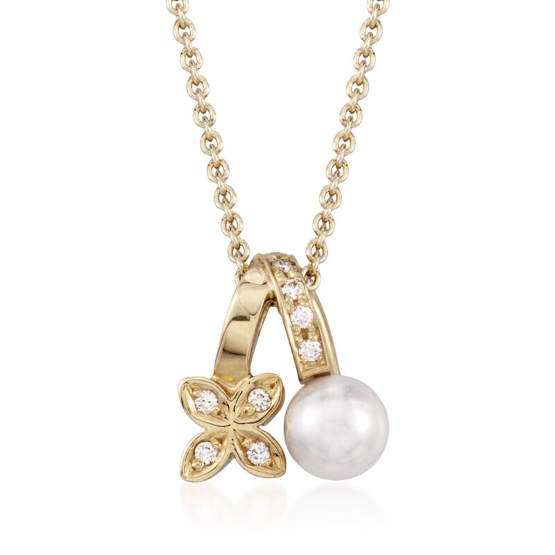 Mikimoto 5.5mm A+ Akoya Pearl Floral Pendant Necklace with Diamond Accents in 18kt Yellow Gold. 18&quot; image number 1