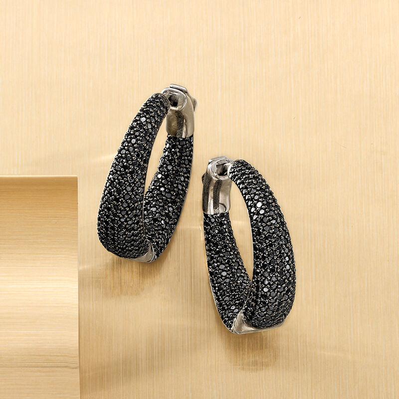 4.40 ct. t.w. Pave Black Spinel Inside-Outside Hoop Earrings in Sterling Silver. 7/8&quot; image number 2