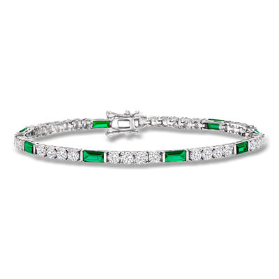 3.70 ct. t.w. CZ and 3.20 ct. t.w. Simulated Emerald Tennis Bracelet in Sterling Silver