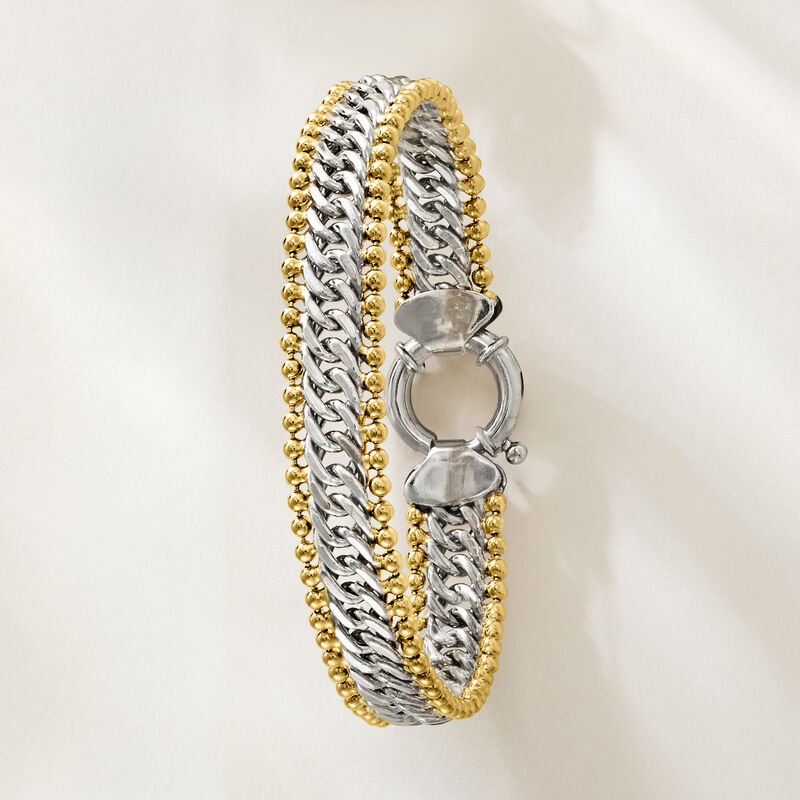 Sterling Silver and 18kt Gold Over Sterling Cuban-Link and Bead Bracelet image number 2