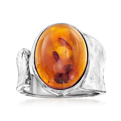 Amber Hammered Open-Wrap Ring in Sterling Silver