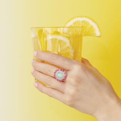 Ethiopian Opal, 1.50 ct. t.w. Pink Tourmaline and .60 ct. t.w. White Topaz Ring in 18kt Rose Gold Over Sterling