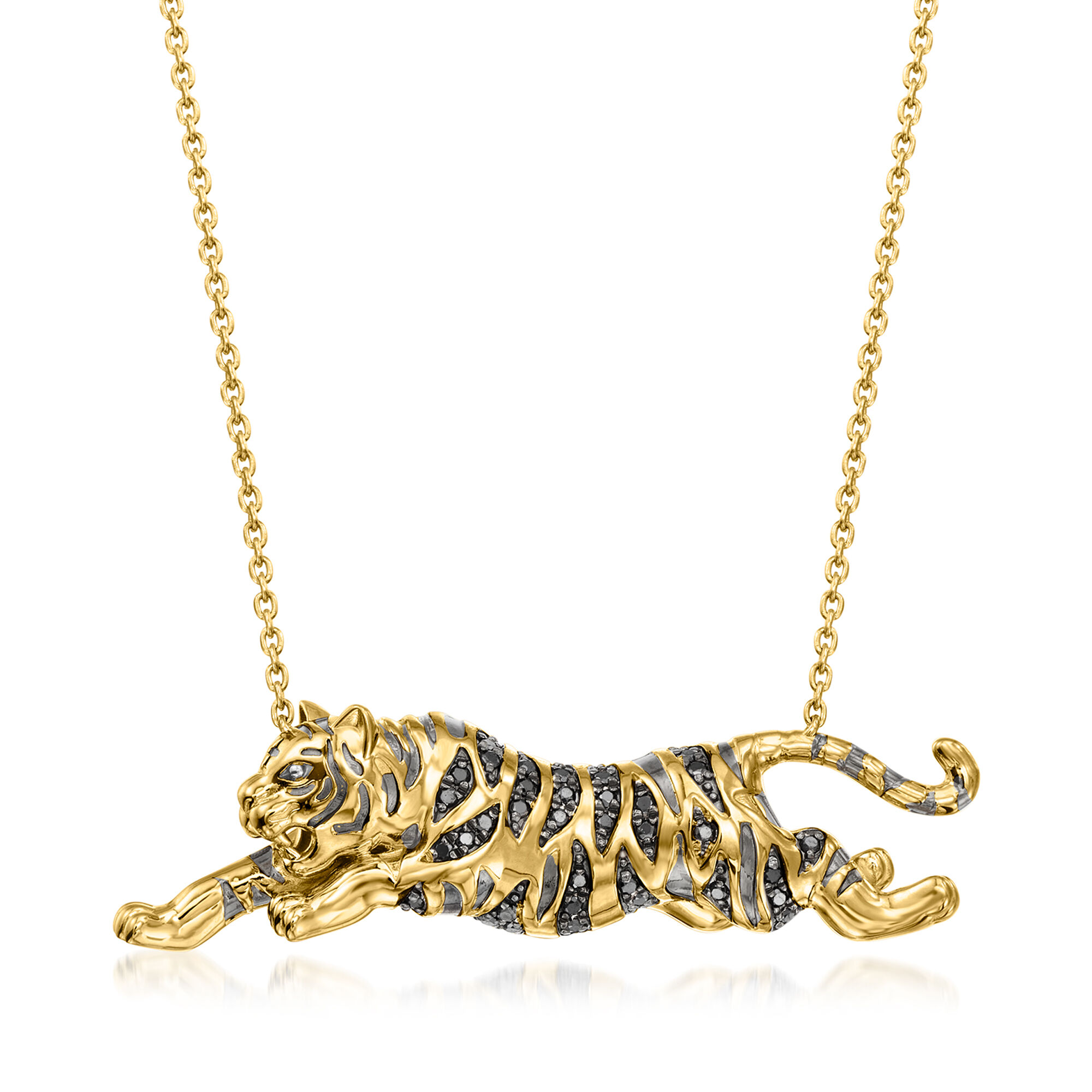 15 ct. t.w. Black Diamond Leaping Tiger Necklace in 18kt Gold Over