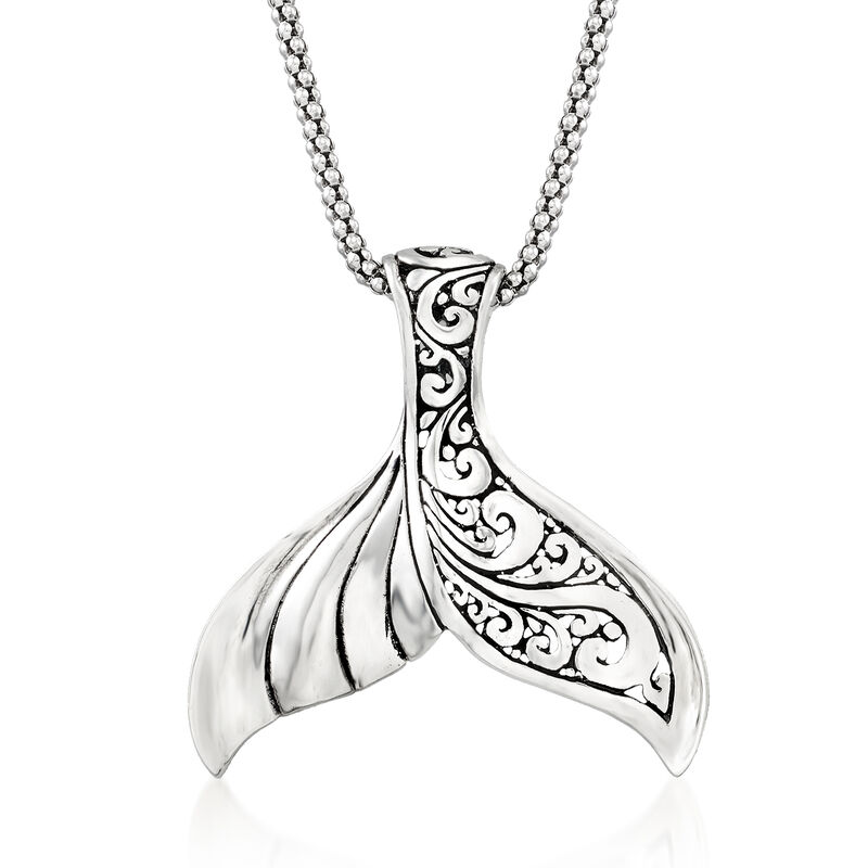 Sterling Silver Bali-Style Whale Tail Pendant Necklace. 18&quot; image number 1