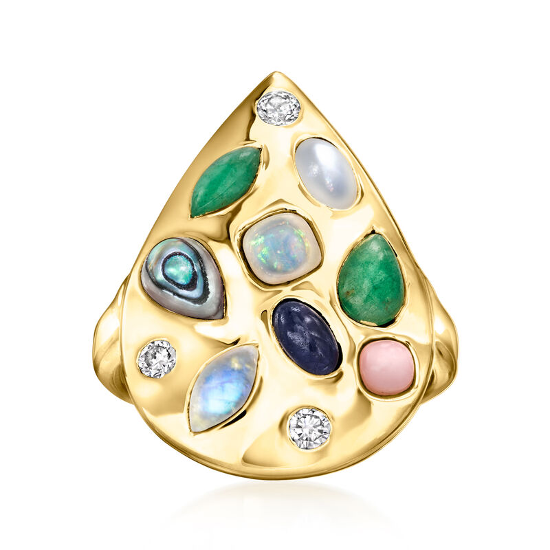 Multi-Gemstone Teardrop Ring with .20 ct. t.w. Lab-Grown Diamonds in 18kt Gold Over Sterling image number 0