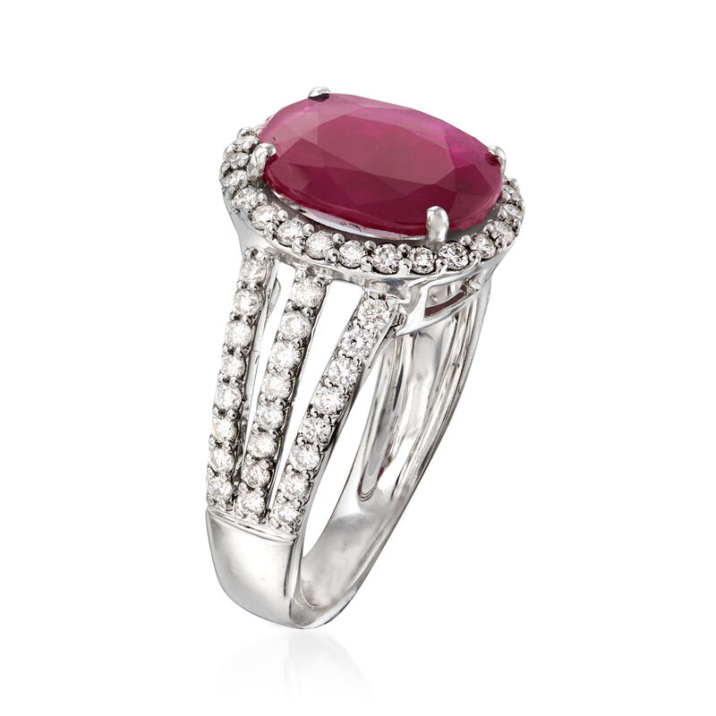 3.50 Carat Ruby and .84 ct. t.w. Diamond Triple-Shank Ring in 18kt White Gold image number 2