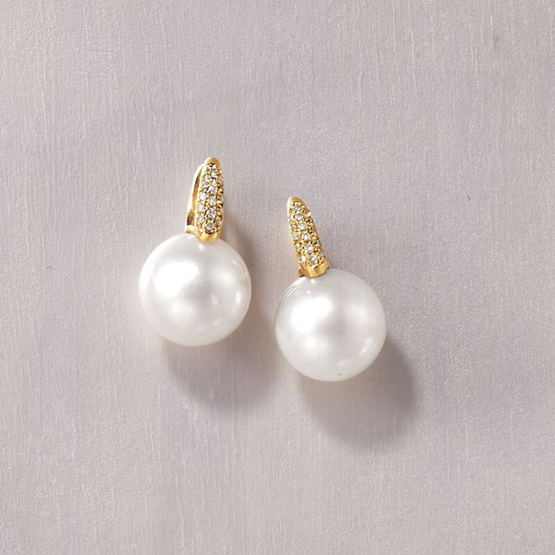 12-13mm Cultured South Sea Pearl and .16 ct. t.w. Diamond Earrings in 18kt Yellow Gold image number 4