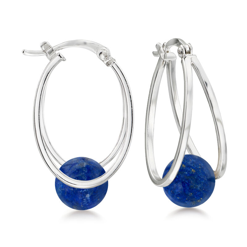8-8.5mm Lapis Bead Double-Hoop Earrings in Sterling Silver. 1&quot; image number 0