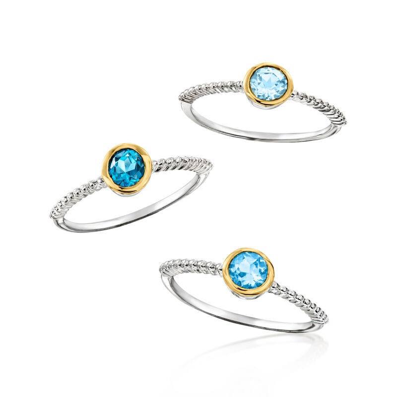 1.20 ct. t.w. Tonal Blue Topaz Jewelry Set: Three Rings in Sterling Silver and 18kt Gold Over Sterling image number 3
