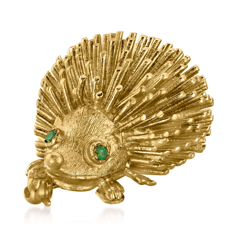 C. 1975 Vintage 14kt Yellow Gold Porcupine Pin with Emerald-Accented Eyes image number 2