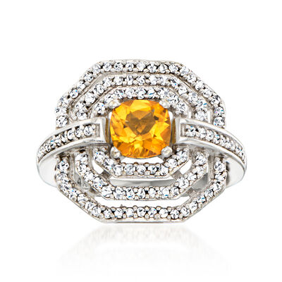 C. 1990 Vintage .80 Carat Citrine Ring with .60 ct. t.w. Diamonds in 14kt White Gold