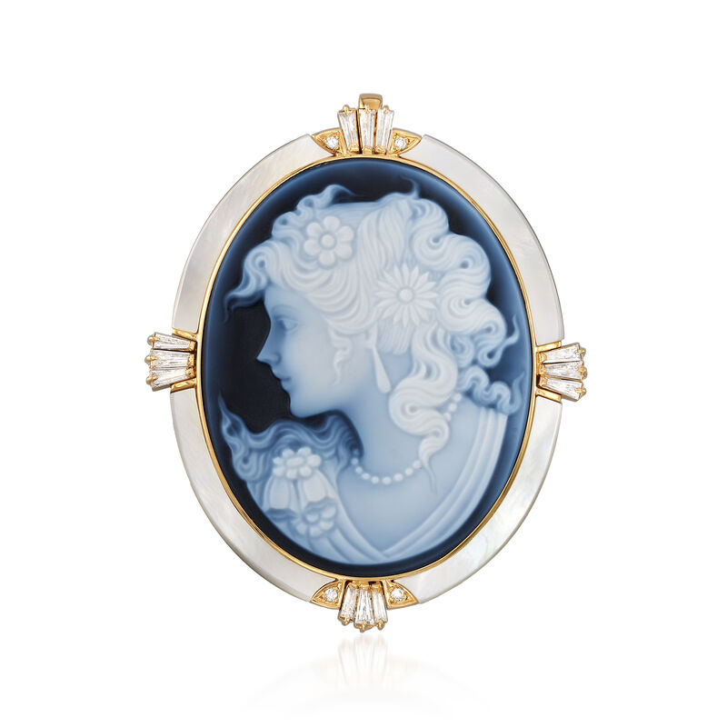 C. 1980 Vintage Blue Agate Cameo with 1.04 ct. t.w. Diamonds and Mother-Of-Pearl Pin/Pendant in 18kt Yellow Gold image number 0