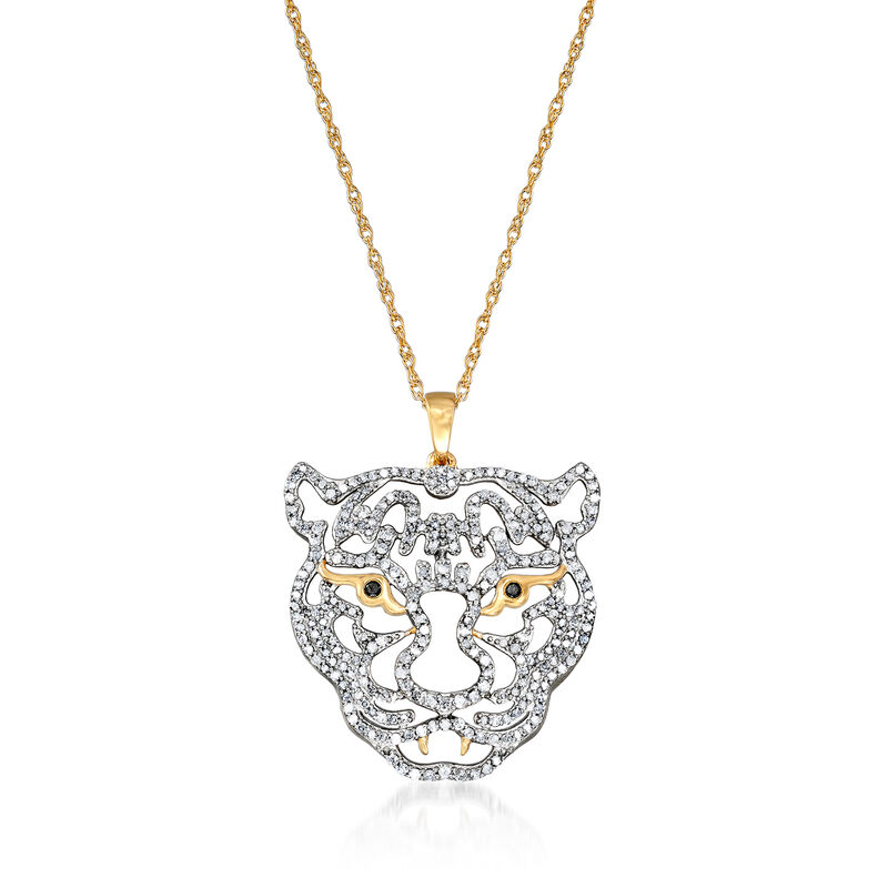 1.00 ct. t.w. Diamond Tiger Pendant Necklace with Black Diamond Accents in 18kt Gold Over Sterling image number 0