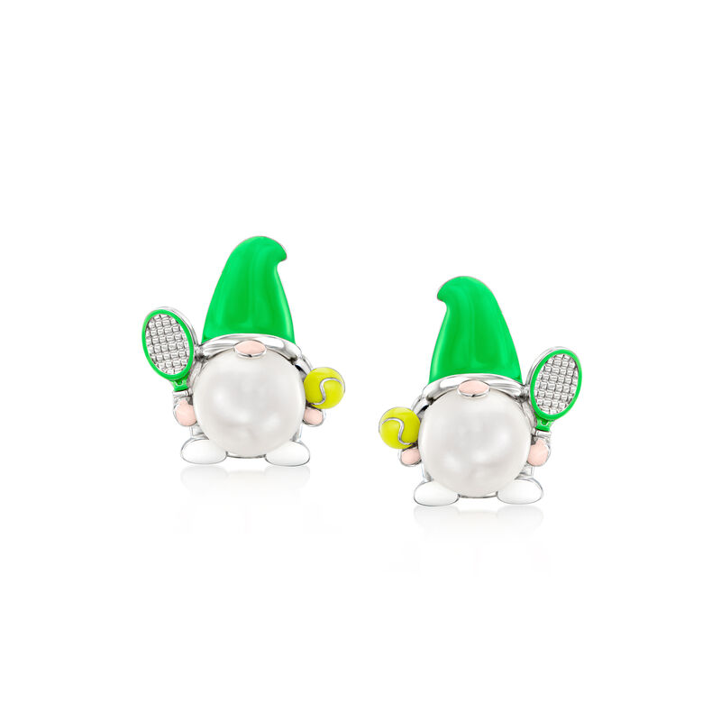 8-8.5mm Cultured Pearl and Multicolored Enamel Tennis Gnome Earrings in Sterling Silver  image number 0