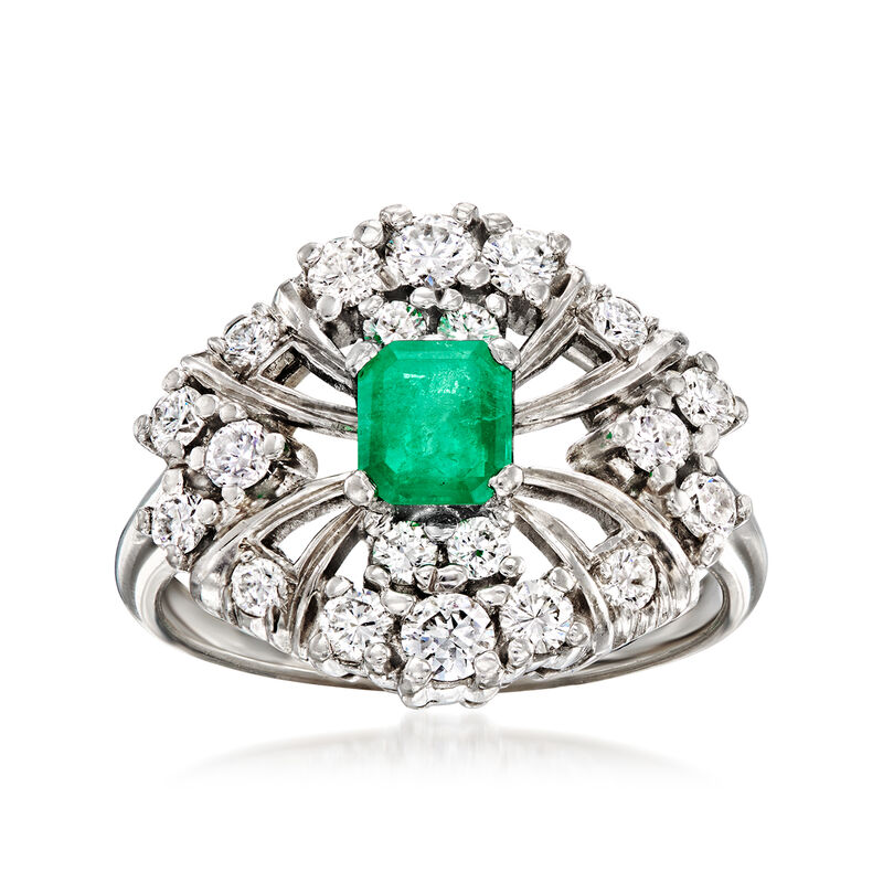 C. 1980 Vintage .60 Carat Emerald and .90 ct. t.w. Diamond Ring in Platinum. Size 5.5 image number 0