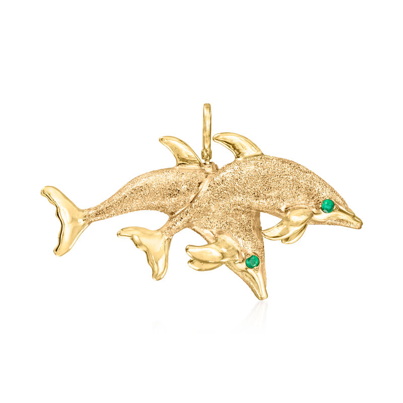 C. 1980 Vintage 14kt Yellow Gold Dolphins Pin/Pendant with Emeralds image number 0