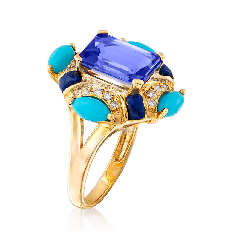 3.10 Carat Tanzanite, Turquoise and Lapis Ring with .13 ct. t.w. Diamonds in 14kt Yellow Gold image number 2