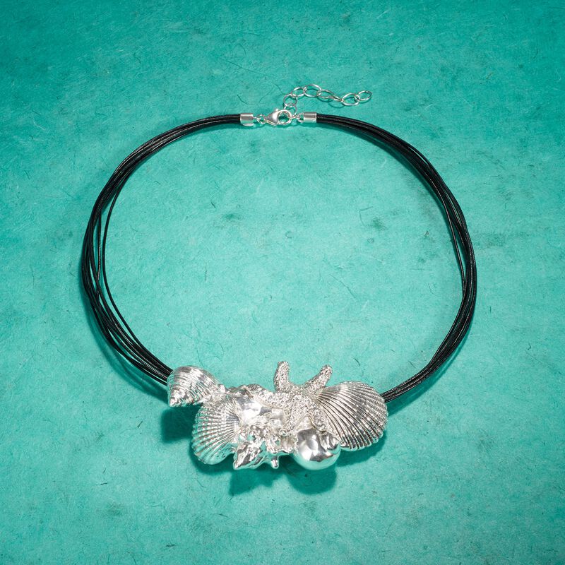 Sterling Silver Over Resin Starfish and Seashells Necklace with Black Leather. 18&quot; image number 7