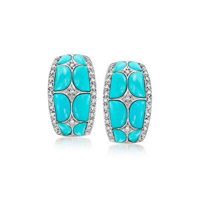 C. 1990 Vintage Turquoise and .60 ct. t.w. Diamond Curved Earrings in 18kt White Gold
