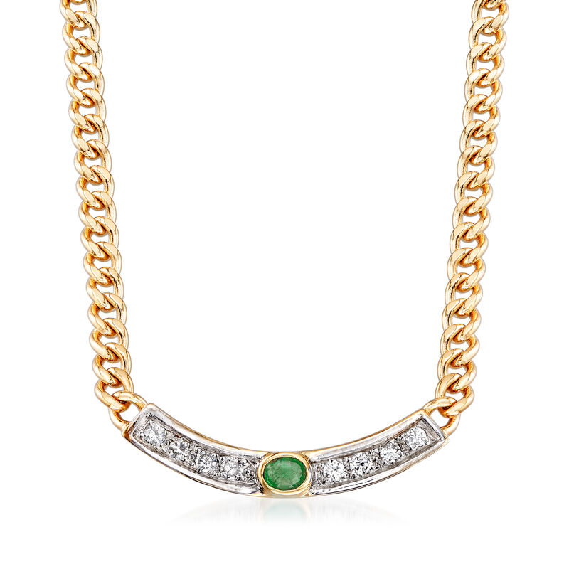 C. 1990 Vintage .15 ct. t.w. Emerald and .25 ct. t.w. Diamond Cable-Link Necklace in 14kt Yellow Gold. 15&quot; image number 1