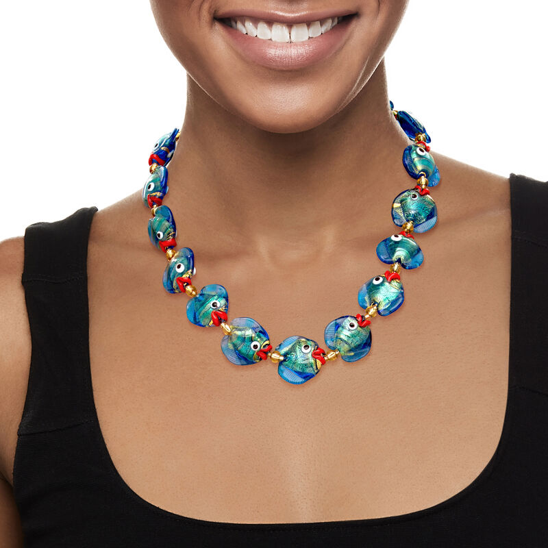 Italian Multicolored Murano Glass Fish Necklace with 18kt Gold Over Sterling image number 1