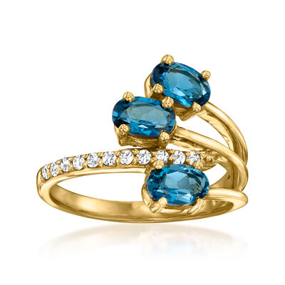 1.70 ct. t.w. London Blue Topaz and .40 ct. t.w. White Zircon Multi-Row Ring in 18kt Gold Over Sterling