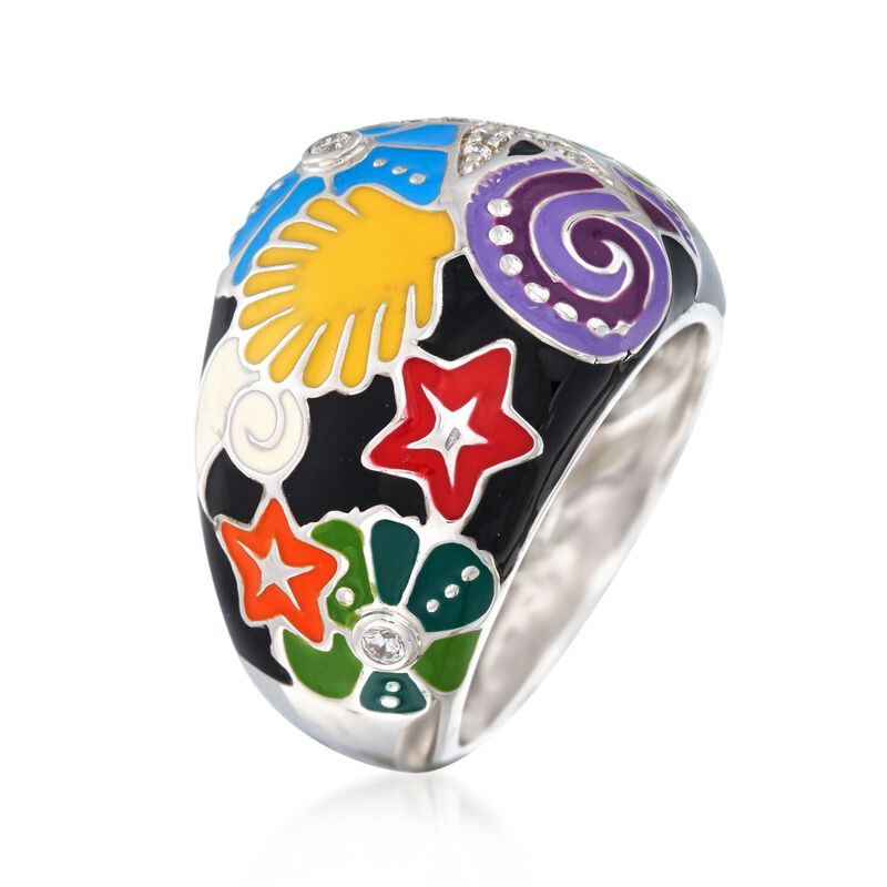 Belle Etoile &quot;Starfish&quot; Black and Multicolored Enamel Ring with CZs in Sterling Silver. Size 7 image number 1