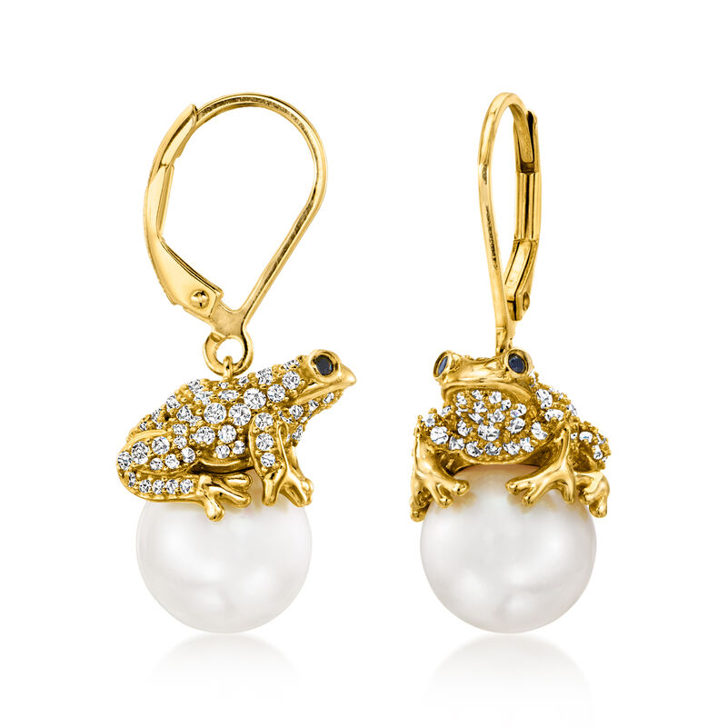 9.5-10mm Cultured Pearl and 1.50 ct. t.w. White Topaz Frog Drop Earrings with Sapphires in 18kt Gold Over Sterling image number 2