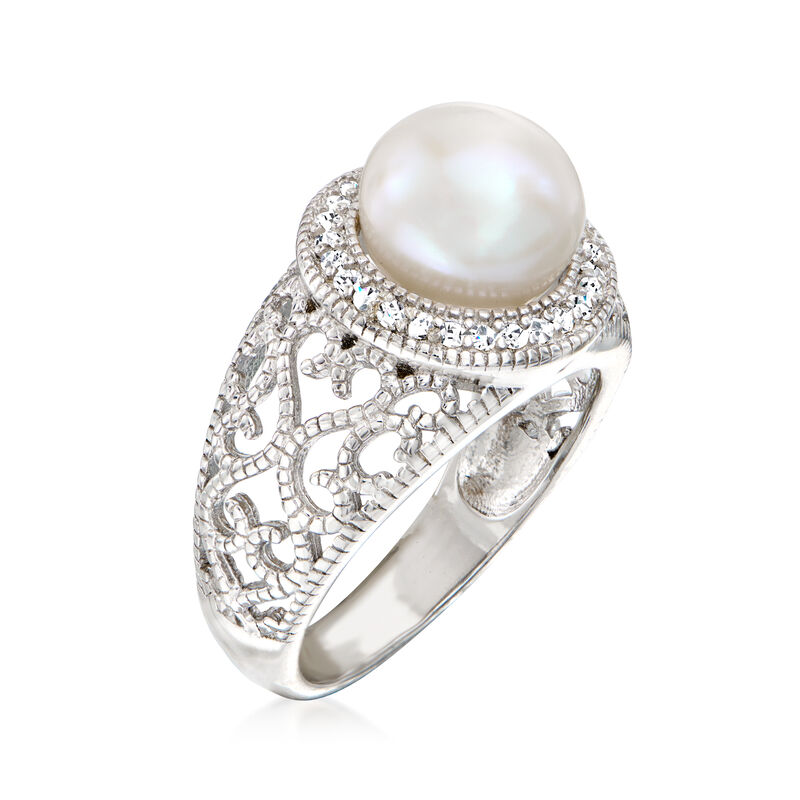 9-9.5mm Cultured Pearl and .30 ct. t.w. White Topaz Ring in Sterling Silver image number 2