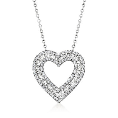 1.00 ct. t.w. Baguette and Round Diamond Heart Pendant Necklace in Sterling Silver
