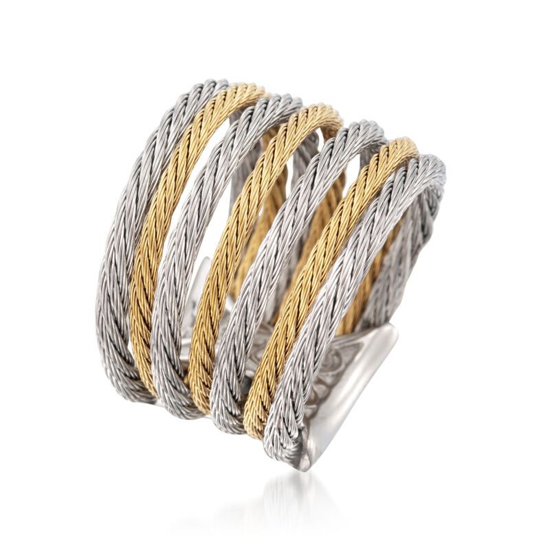 ALOR &quot;Classique&quot; Two-Tone Stainless Steel Multi-Cable Ring with 18kt Yellow Gold image number 2