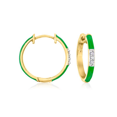 Green Enamel and Diamond Hoop Earrings in 18kt Gold Over Sterling