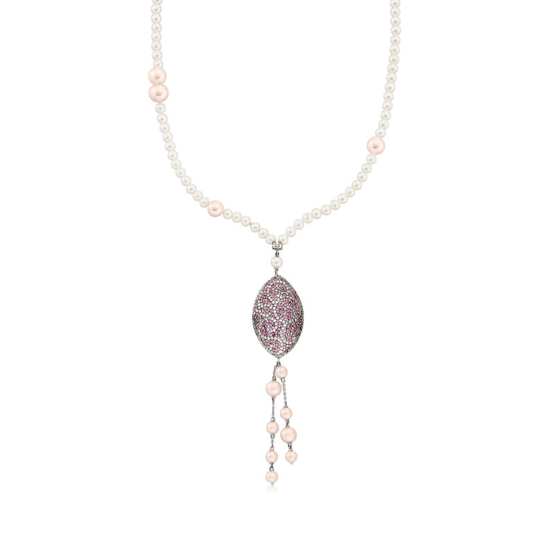 C. 1990 Vintage Roberta Porrati Cultured Pearl, 1.75 ct. t.w. Pink Sapphire and 1.65 ct. t.w. Diamond Drop Necklace in 18kt White Gold image number 0