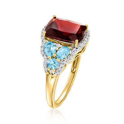 3.20 Carat Garnet and 1.00 ct. t.w. Swiss Blue Topaz Ring with .22 ct. t.w. Diamonds in 14kt Yellow Gold