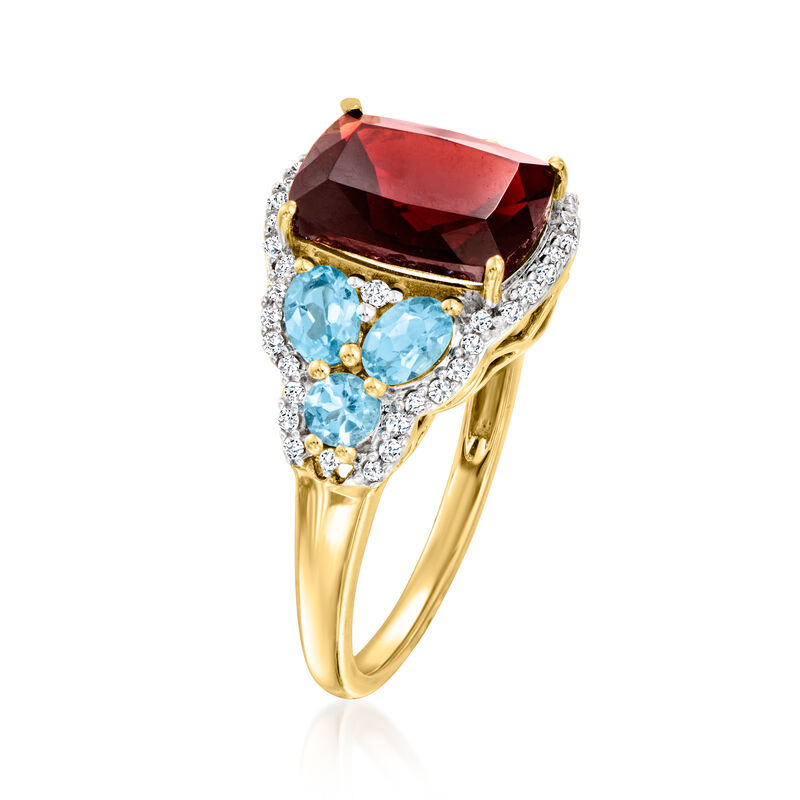 3.20 Carat Garnet and 1.00 ct. t.w. Swiss Blue Topaz Ring with .22 ct. t.w. Diamonds in 14kt Yellow Gold image number 1