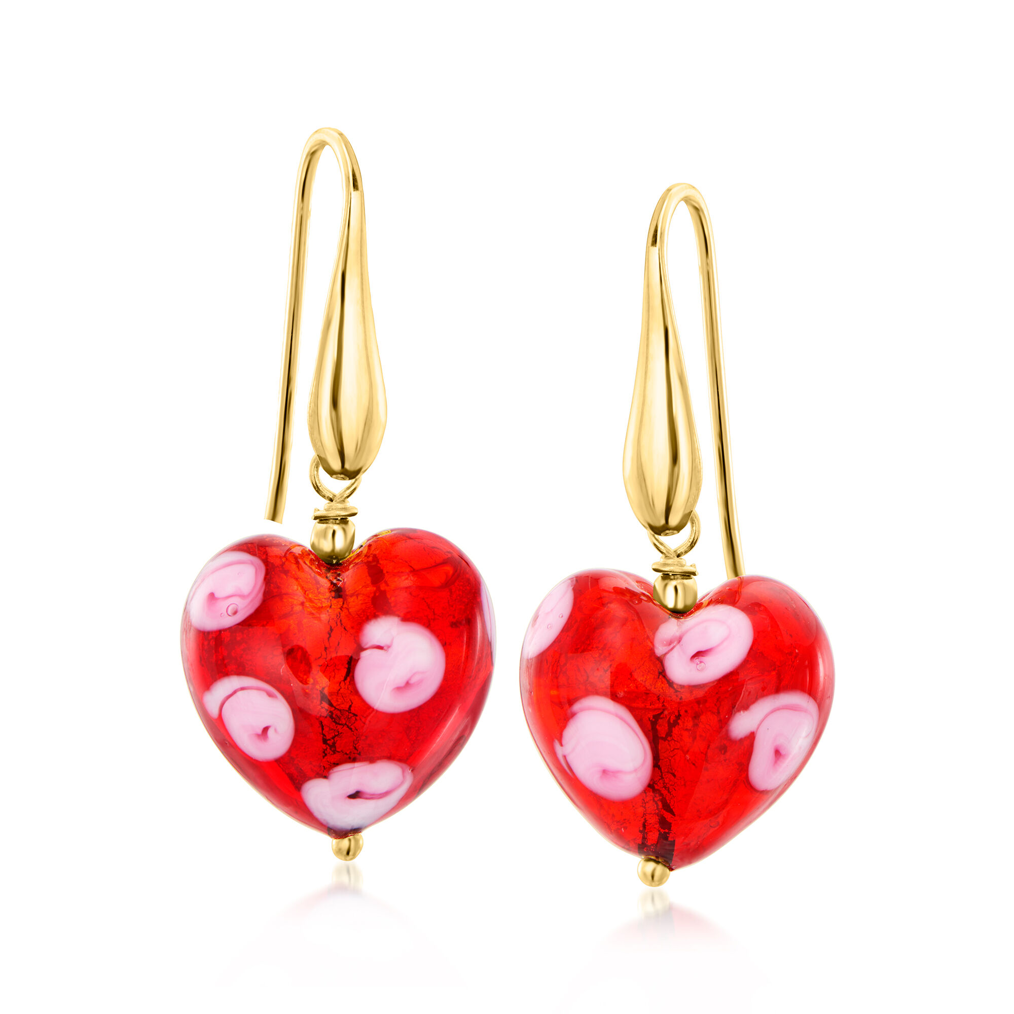 Italian Murano Glass Red Heart Drop Earrings in 18kt Gold