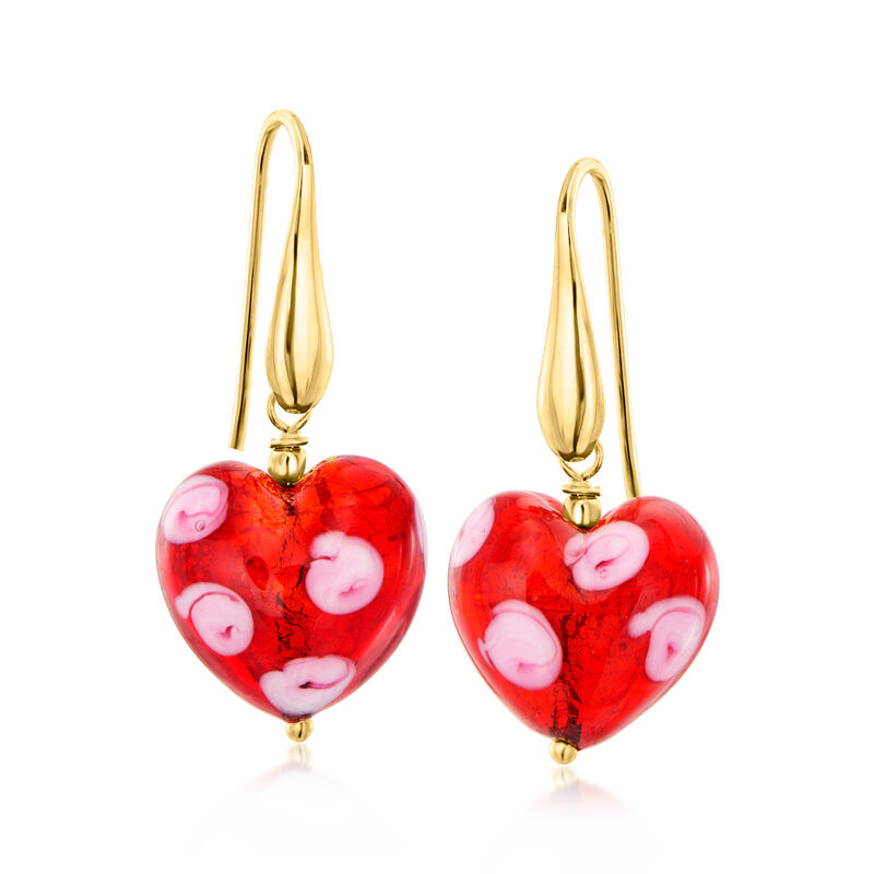 Italian Murano Glass Red Heart Drop Earrings in 18kt Gold Over Sterling  image number 0