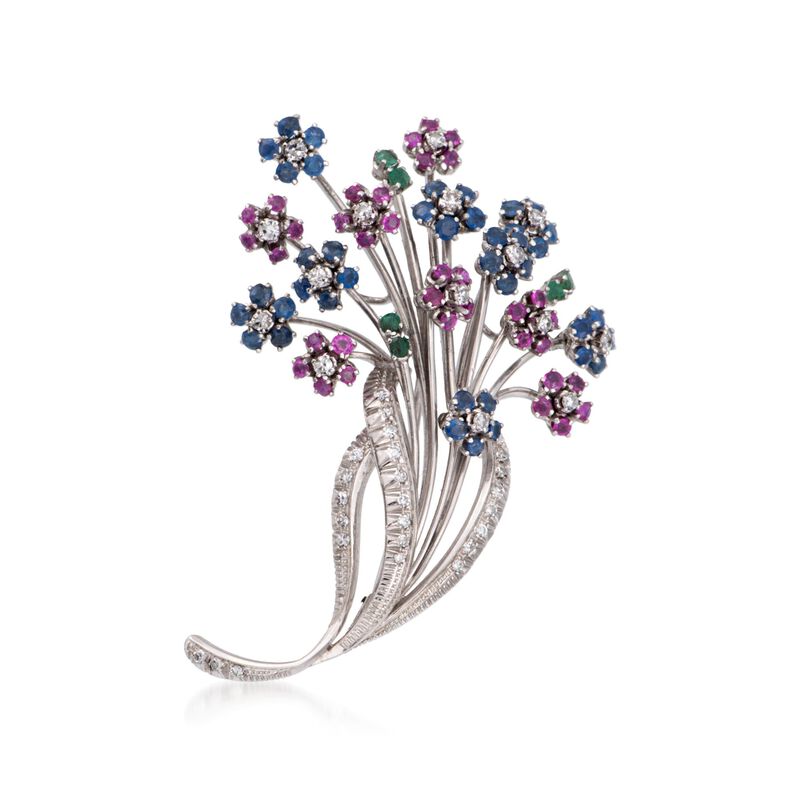 C. 1970 Vintage 5.70 ct. t.w. Multi-Stone and  Diamond Floral Pin in 18kt White Gold image number 0