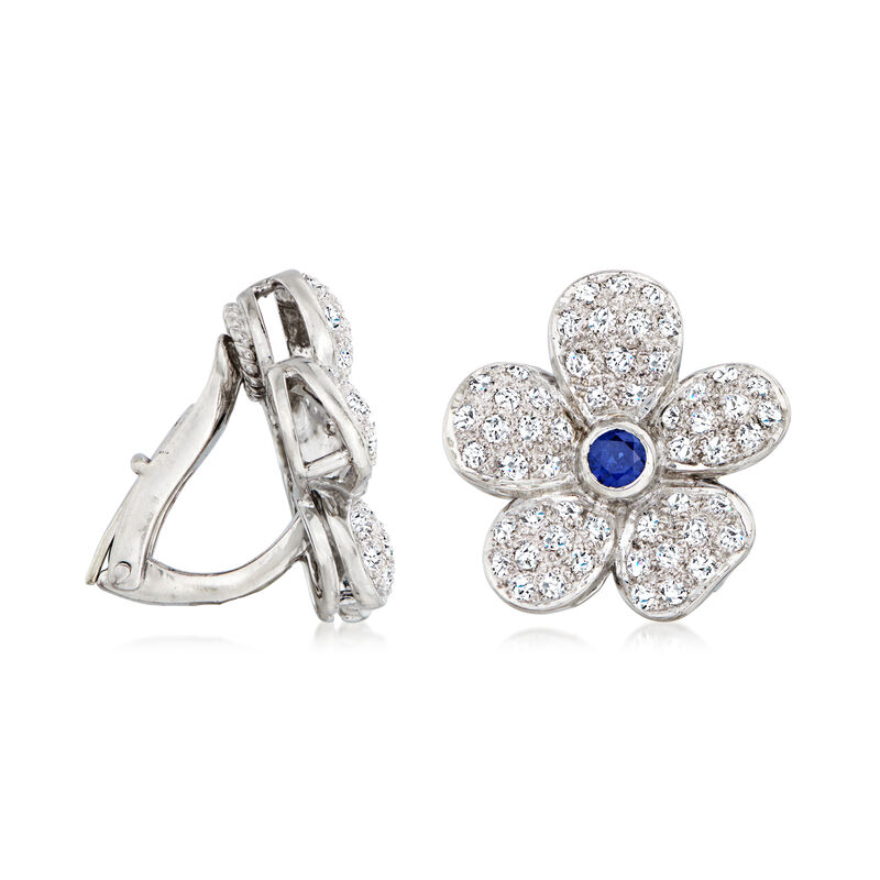 C. 1970 Vintage 2.16 ct. t.w. Diamond and .50 ct. t.w. Sapphire Flower Clip-On Earrings in Platinum image number 2
